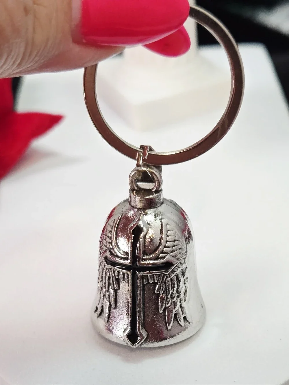 Silver Cross & Wings Bell Keychain